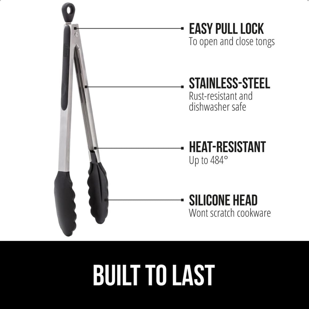 Gorilla Grip Stainless Steel Heat Resistant Kitchen Tongs for Cooking, Set of 2 BBQ Tong, Non Scratch Silicone Tip for Pans, Strong Grip, Grab Food, Toss Salad, Air Fryer, Pull Lock, 7 + 9 Inch, Black ? ? ? ? ?