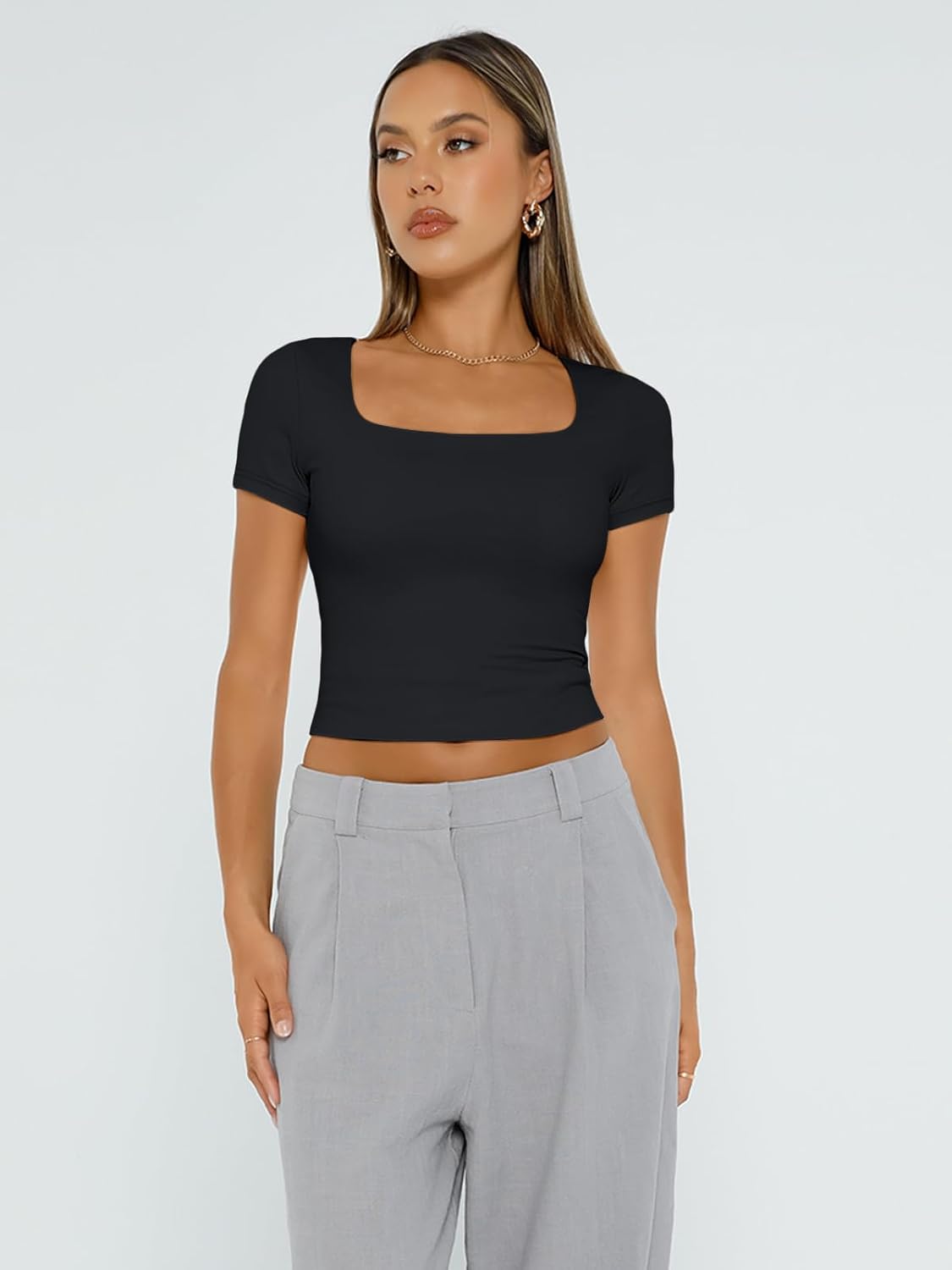 Trendy Queen Womens Square Neck Going Out Crop Tops Short Sleeve T Shirts Summer Cute Clothes Basics Tees ? ? ? ? ? - Image 2