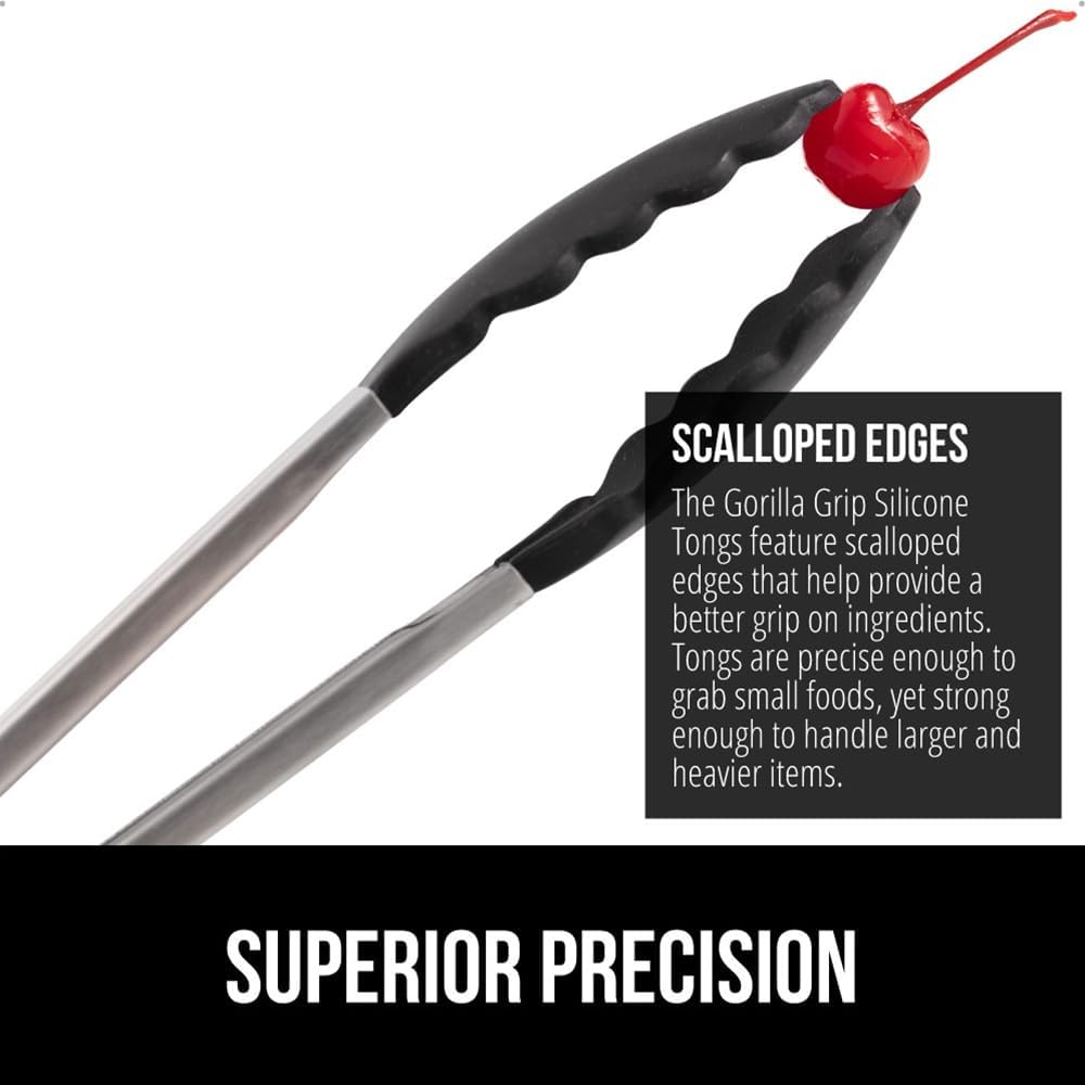 Gorilla Grip Stainless Steel Heat Resistant Kitchen Tongs for Cooking, Set of 2 BBQ Tong, Non Scratch Silicone Tip for Pans, Strong Grip, Grab Food, Toss Salad, Air Fryer, Pull Lock, 7 + 9 Inch, Black ? ? ? ? ? - Image 2
