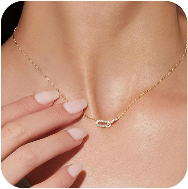 Gold Pendant Necklace for Women, Dainty Diamond Necklaces for Women Simple 14K Gold Plated Paperclip Choker Necklaces Cute Minimalist Open Oval Necklaces Gold Jewelry for Women Gifts ?