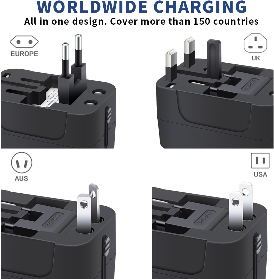 Travel Adapter with USB C, Universal All in One Worldwide Travel Adapter Power Converters Wall Charger AC Power Plug Adapter USB Type C Charging Ports for USA EU UK AUS Black ? ? ? ? ? - Image 3