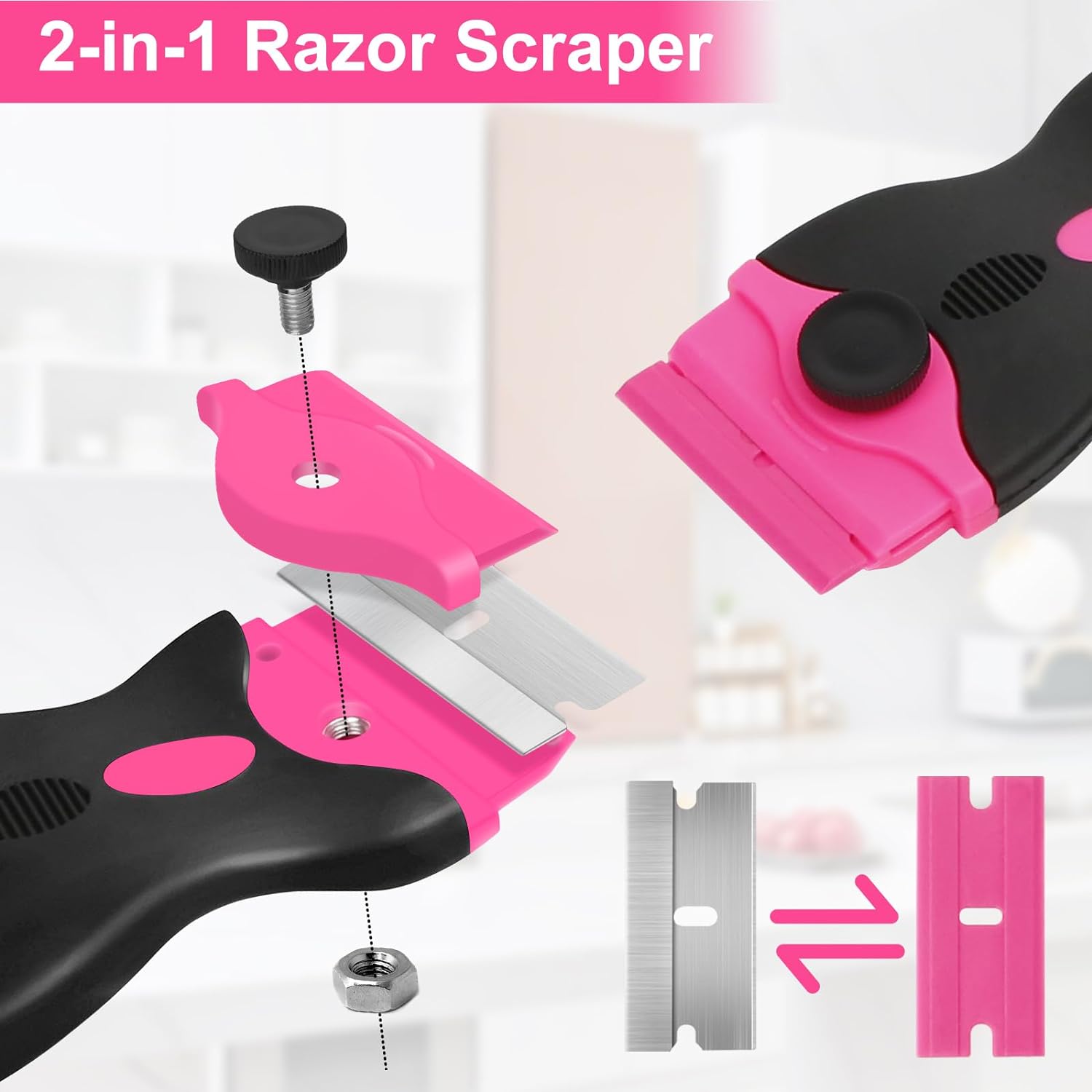 THINKWORK Razor Blade Scraper - Pink Razor Scraper Gift for Women, 2-in-1 Scraper Tool Set with 20Pcs Razor Blades for Removing Window Labels, Decals, Stickers, Glass Stove Top (2 Pack) ? ? ? ? ? - Image 2