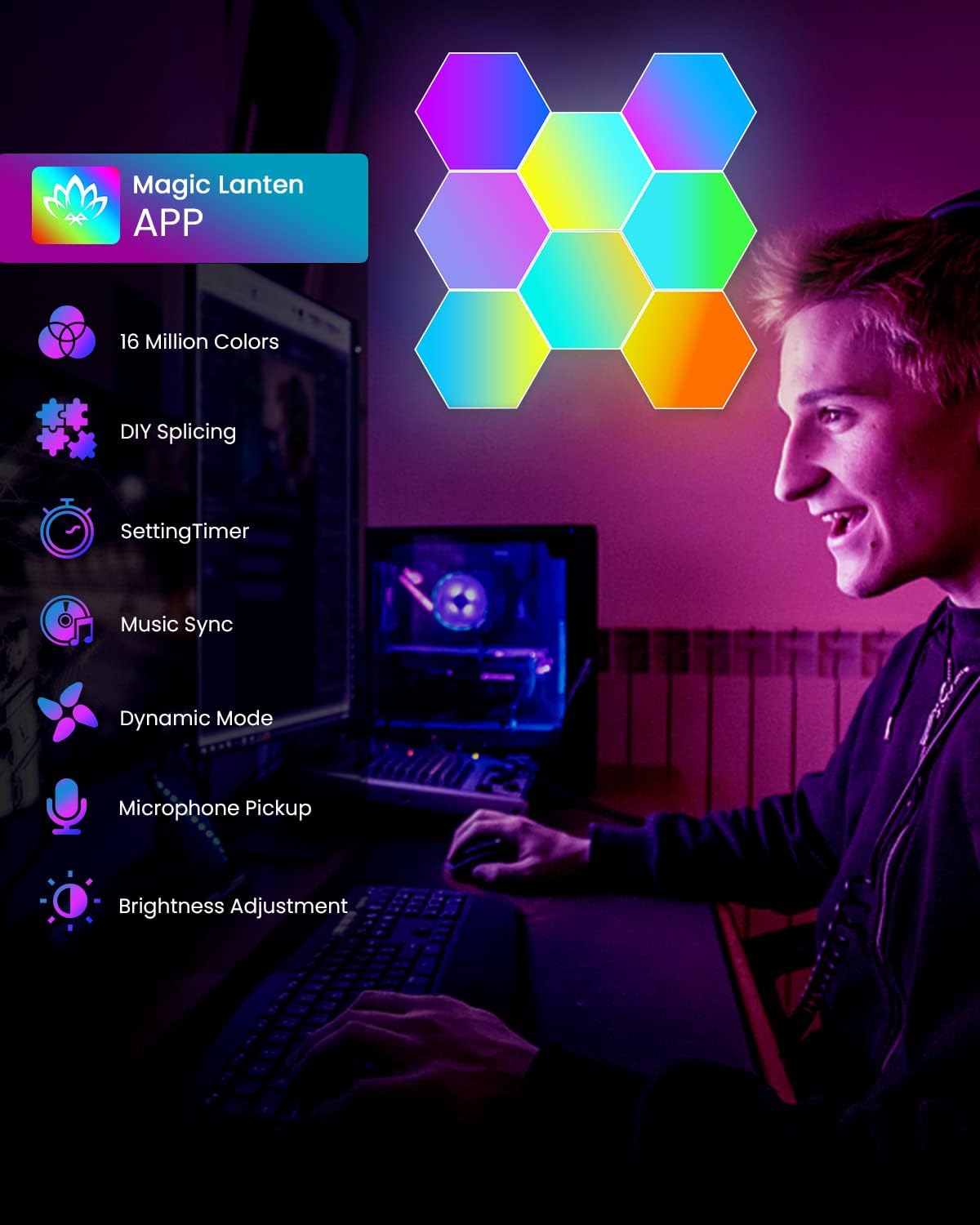 8 Pack Hexagon Led Lights Wall Panels: RGB Gaming Lights with APP Smart Modular Panel Hex Tiles Push Glide Expansion Shapes Lights ? ? ? ? ? - Image 4