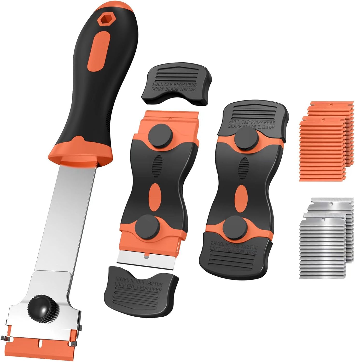 3 Pack Razor Blade Scraper Set, Includes 30 Plastic & 30 Metal Blades, Multi-Purpose Tool for Glass, Cooktop, Sticker Removal, Paint & Gum Cleaning (Orange) ? ? ? ? ?