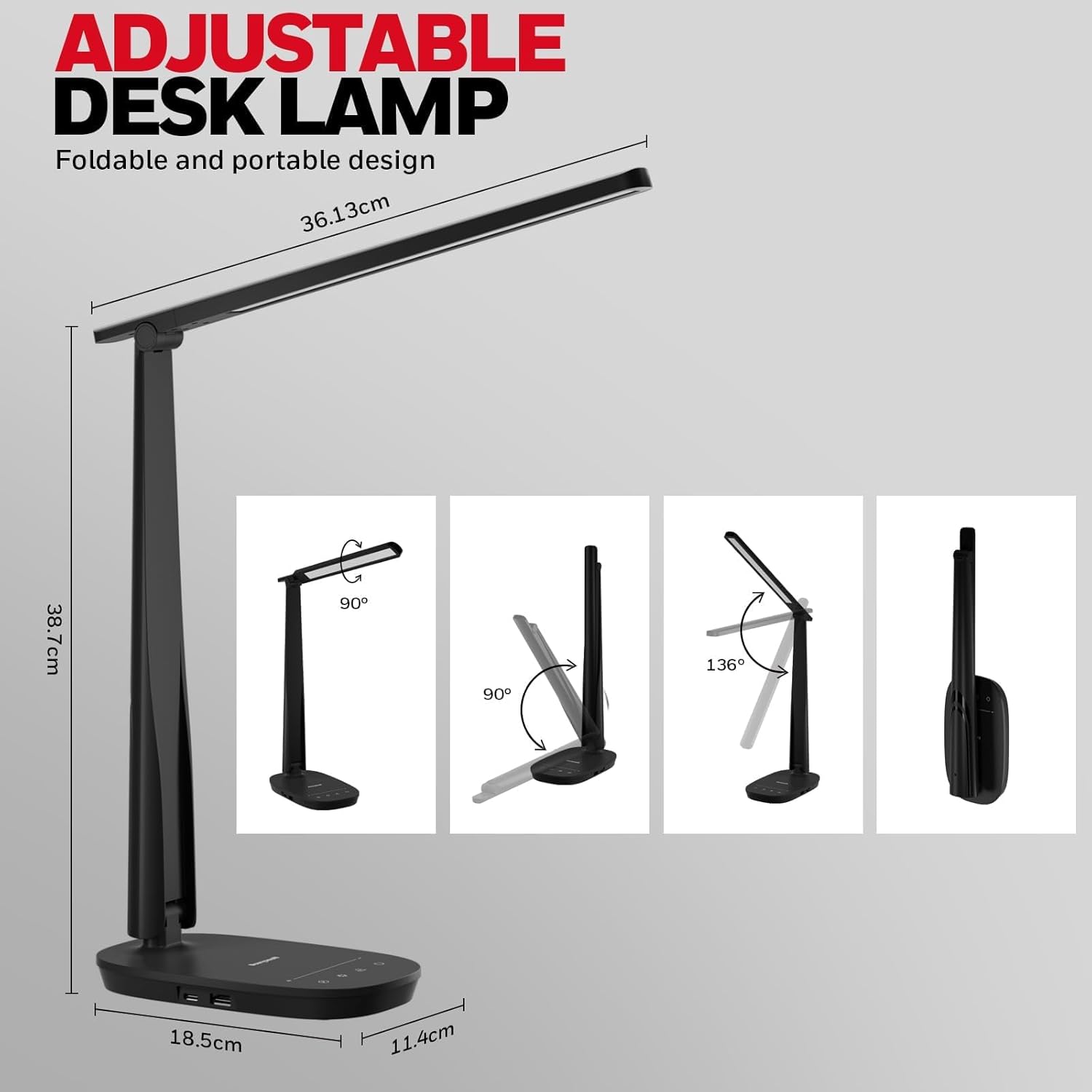 Honeywell Sunturalux? LED Desk Lamp Dimmable Desk Light with USB A+C Dual Charging Port Eye-Caring Foldable Table Lamp with 4 Color Modes for Home Office Bedroom Reading Study Work HWT-H2B Black ? ? ? ? ? - Image 3