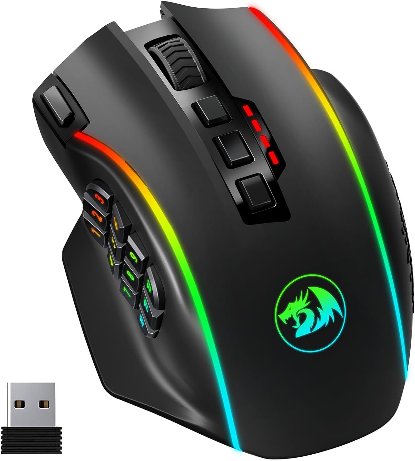 Redragon Wireless Gaming Mouse, MMO Gaming Mouse UP 16,000 DPI, 16 Macro Programmable Buttons, RGB Rechargeable Gaming Mouse with 12 Side Buttons, 70Hrs for PC Laptop MOBA FPS, M901P-KS