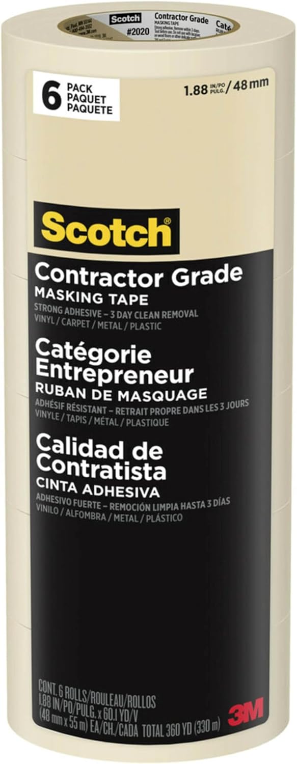 Scotch Painter's Tape Contractor Grade Masking Tape, 6 Rolls, 1.88 in x 60.1 yd, Holds to Surfaces For Up to 3 days, Removes Easily Without Leaving Sticky Residue, Interior & Exterior Use (2020-48TP6)