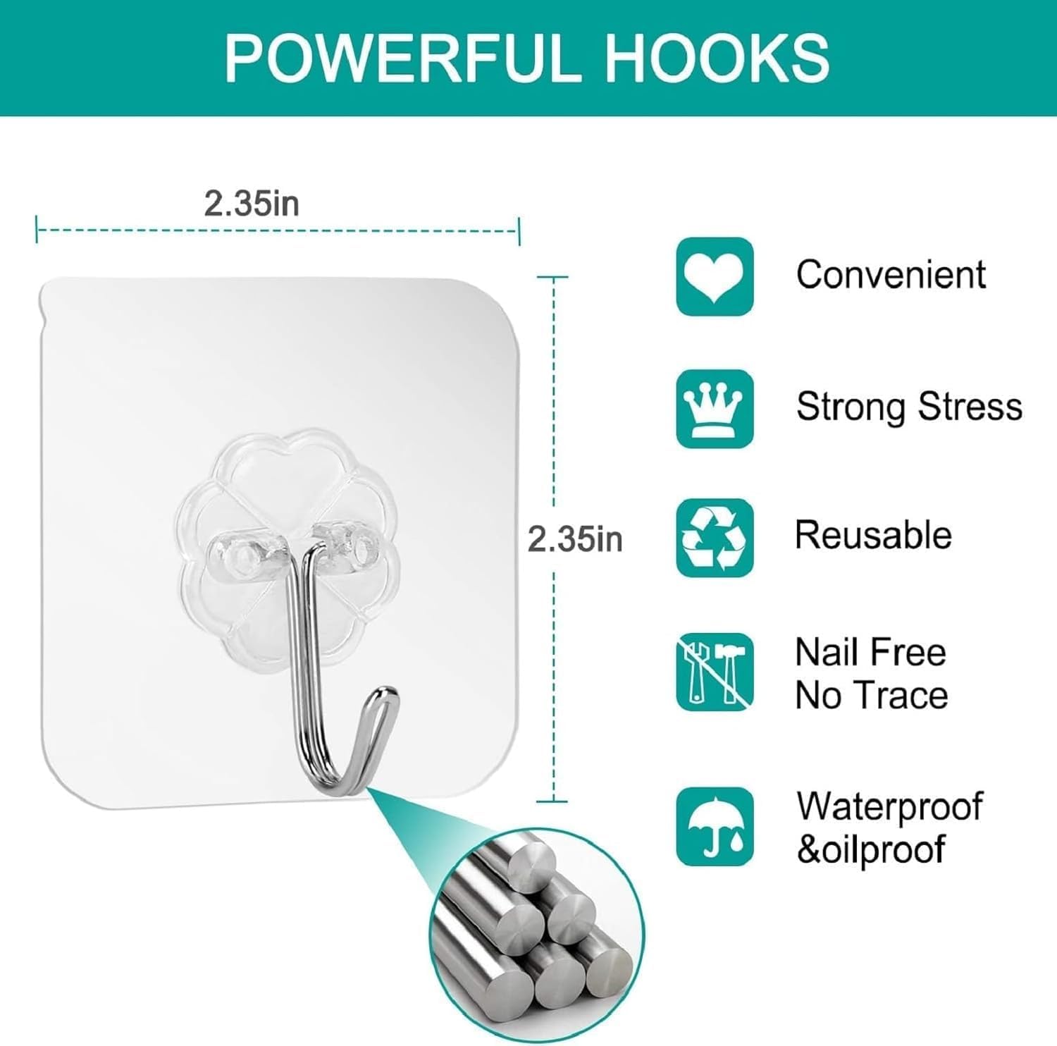 30 Pack Wall Heavy Duty 13lb(Max) Self Adhesive Hooks Waterproof Oilproof Hanging Hooks for Bathroom Shower Kitchen Office Outdoor Home Improvement Utility Hook ? ? ? ? ? - Image 6