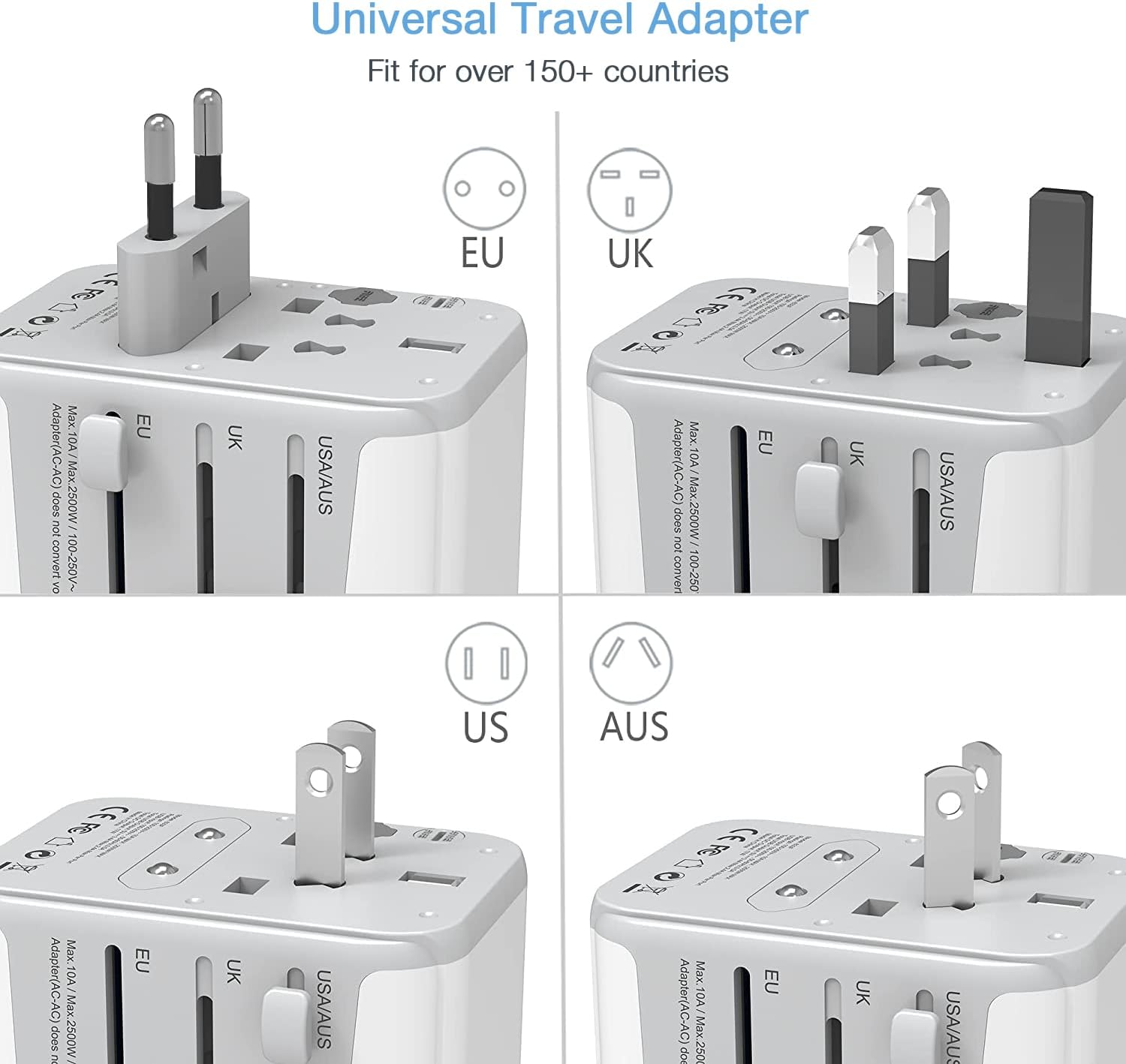 TESSAN Universal Travel Adapter, International Power Adapter with 4 USB Ports (1 USB C), Worldwide Plug Adaptor Wall Charger for USA to Europe UK France Germany Spain Ireland Australia(Type C/G/A/I) ? ? ? ? ? - Image 2