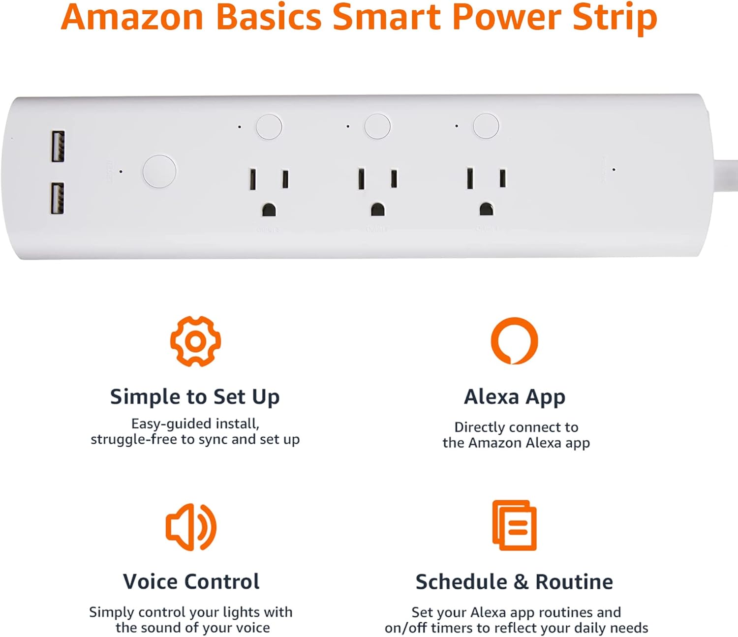Amazon Basics Smart Plug Power Strip with 3 Individually Controlled Outlets and 2 USB-A Ports, Works with Alexa Only, 2.4 GHz Wi-Fi, No Hub Required, White ? ? ? ? ? - Image 2