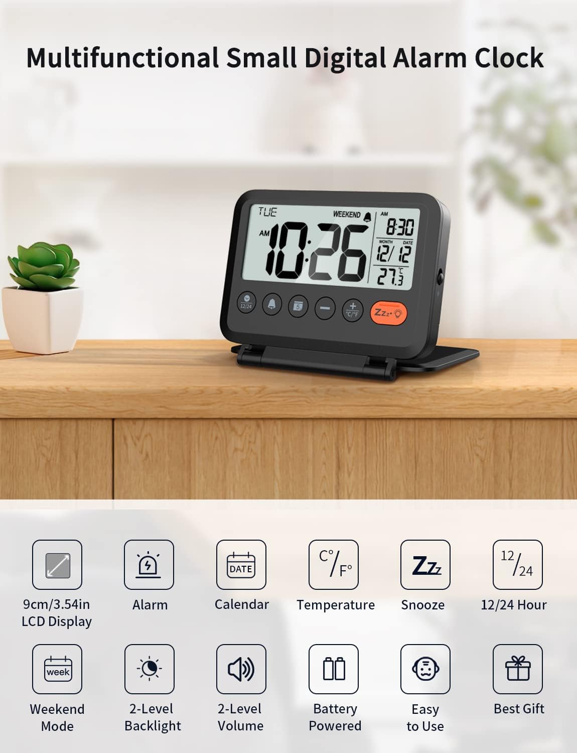 Digital Travel Alarm Clock, Black, 3.54 inch LCD Display, 9-Minute Snooze, 2 Volume Levels, Backlight, Battery Included ? ? ? ? ? - Image 2