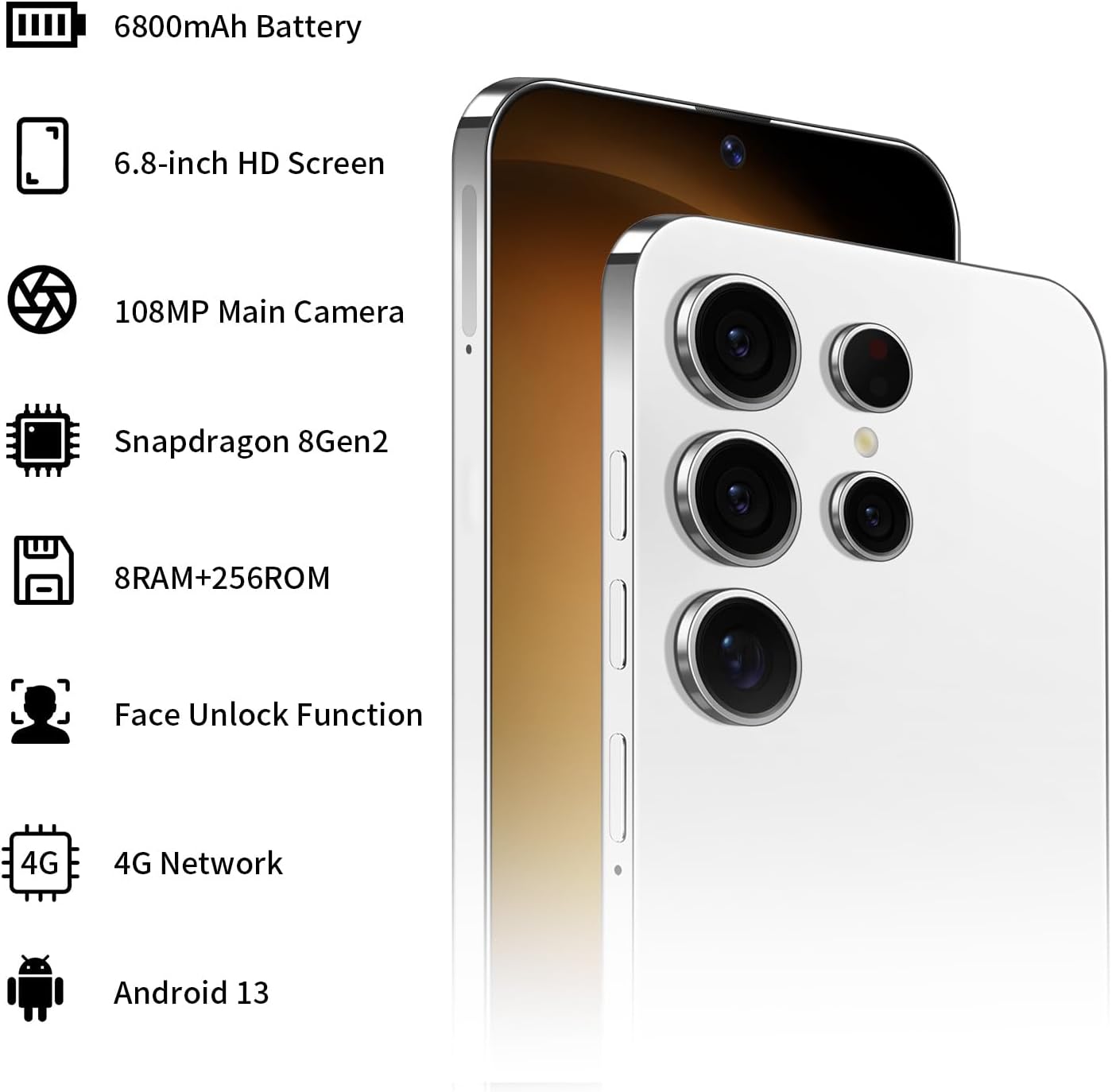 Unlocked Android Phone S23 Ultra Cellphone Android 13 Smart Mobile Phone 8-core 8GB+256GB Cell Phone 6.8 inch HD Screen Mobile Phone 108MP+48MP Camera 6800 mAh Battery 4G Dual SIM (White) - Image 2