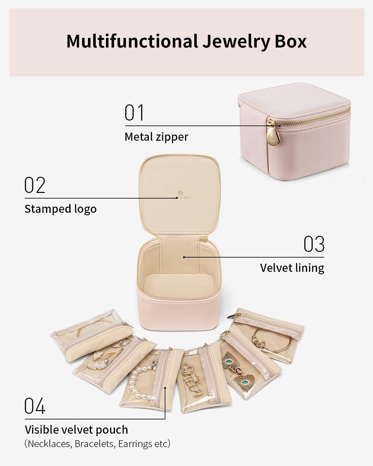 Vlando Travel Jewelry Case,Jewelry Organizer with 6 zipper velvet Jewelry bags for Women Girl,Wedding Birthday Gift Ideas for Women Earrings Rings Storage Gift Box Packaging Pink ? ? ? ? ? - Image 5