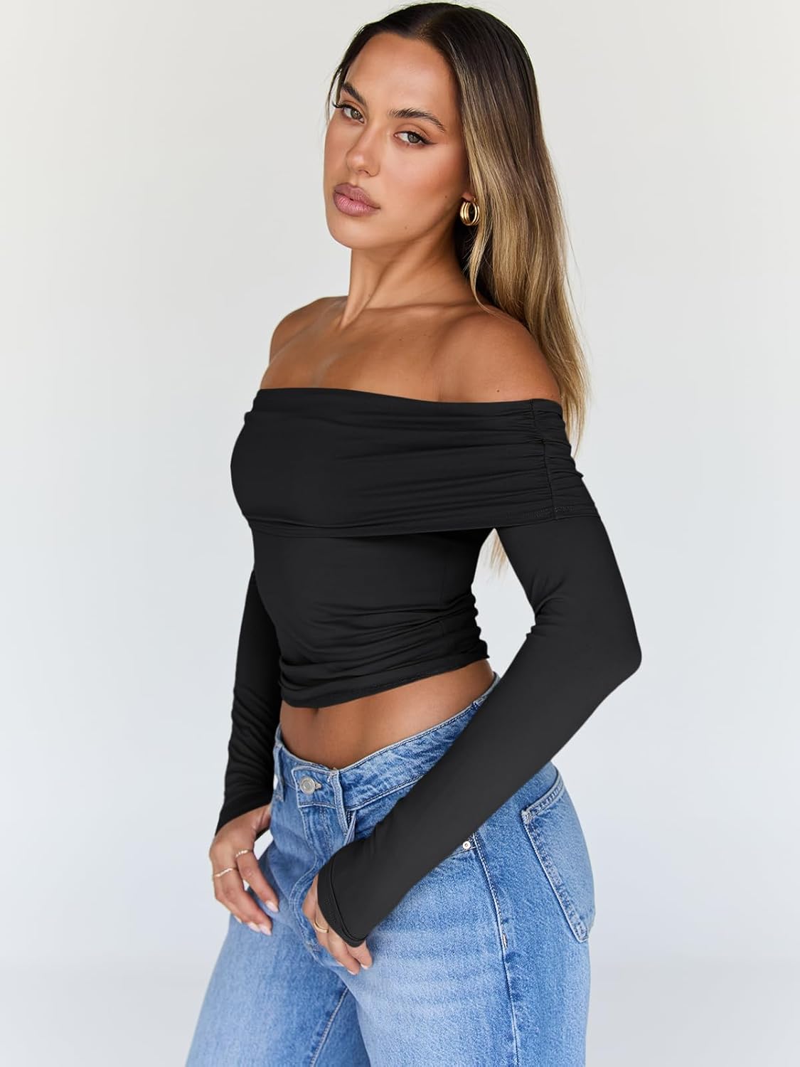 Trendy Queen Women Long Sleeve Shirts Off Shoulder Tops Going Out Crop Sexy Slim Fitted Y2K Fall Outfits 2025 Fashion Clothes ? - Image 3