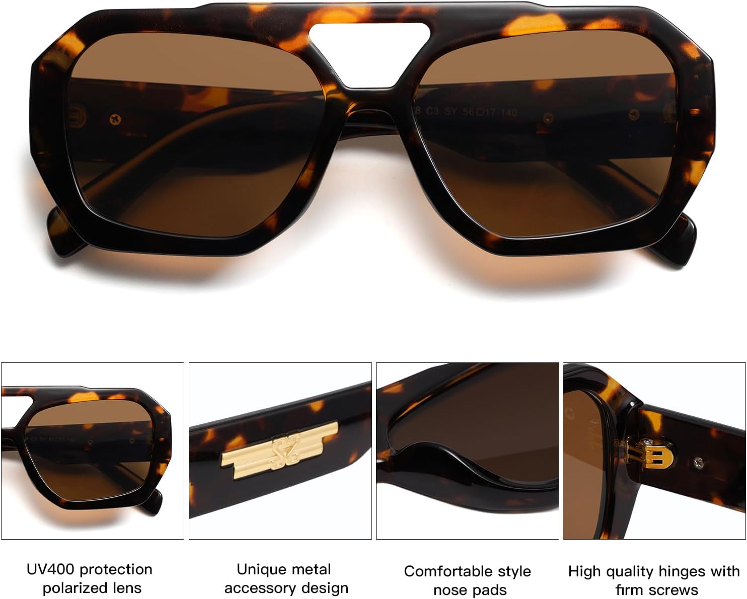 SOJOS Trendy Aviator Sunglasses for Womens Mens Polarized,Hexagonal Square Double Bridge Designer Inspired Sun Glasses SJ2288 ? - Image 4