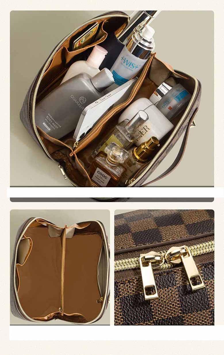 Leather Travel Makeup Bag,Large Capacity Cosmetic Bags for Women,Waterproof Portable Pouch Open Flat Toiletry Bag Make up Organizer with Divider and Handle (Deep Brown) ? ? ? ? ? - Image 6