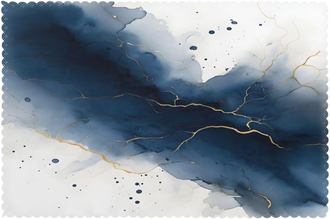 Watercolor and Navy Blue 12x18 Inch Placemats Set of 6, Non-Slip and Stain-Resistant Kitchen Table Mats, Easy to Clean, Heat Resistant Placemats
