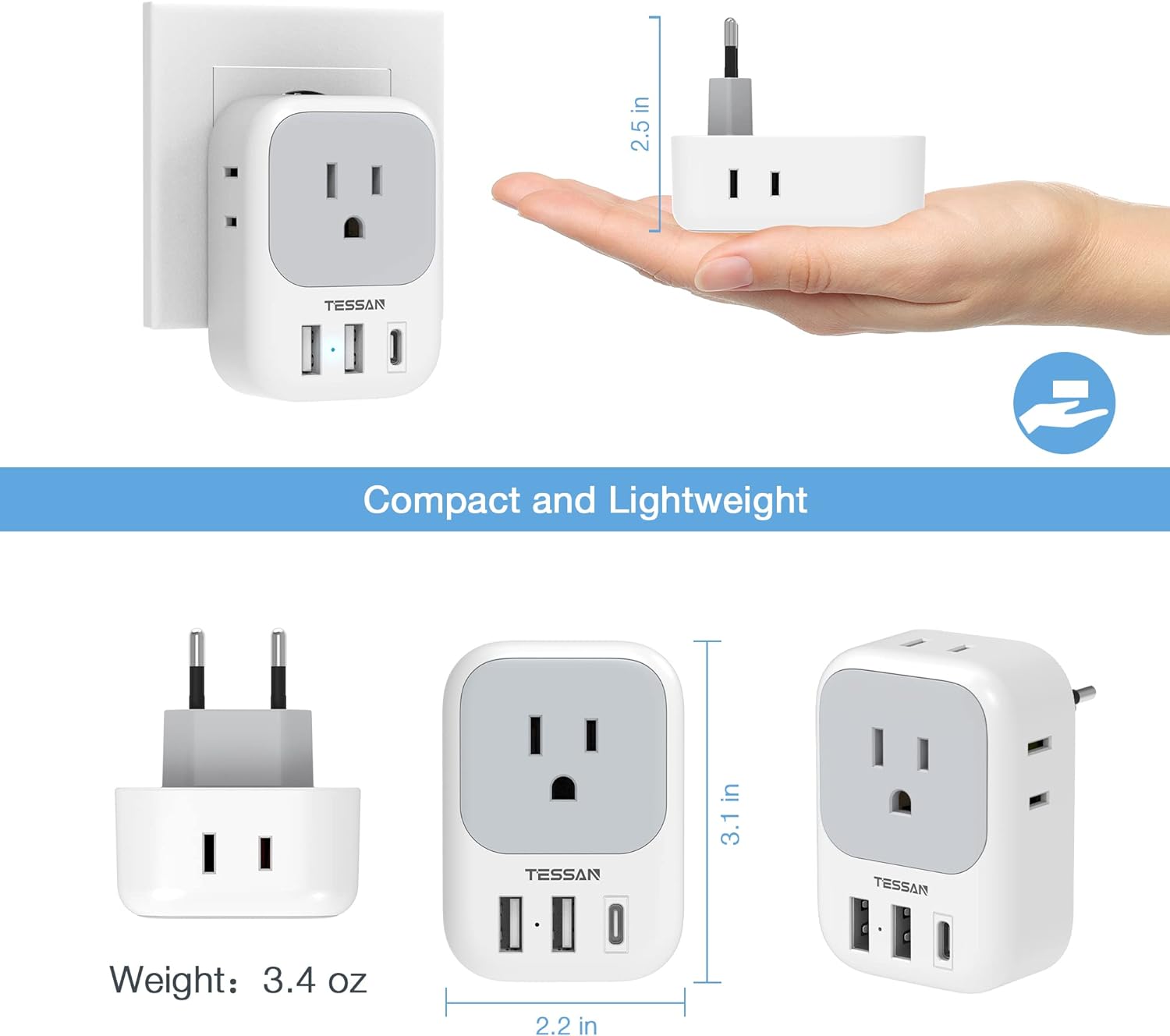 2 Pack European Travel Plug Adapter USB C, TESSAN US to Europe Plug Adapter with 4 Outlets 3 USB Charger, Type C Power Adaptor to Italy Spain France Portugal Iceland Germany, White Gray ? ? ? ? ? - Image 6