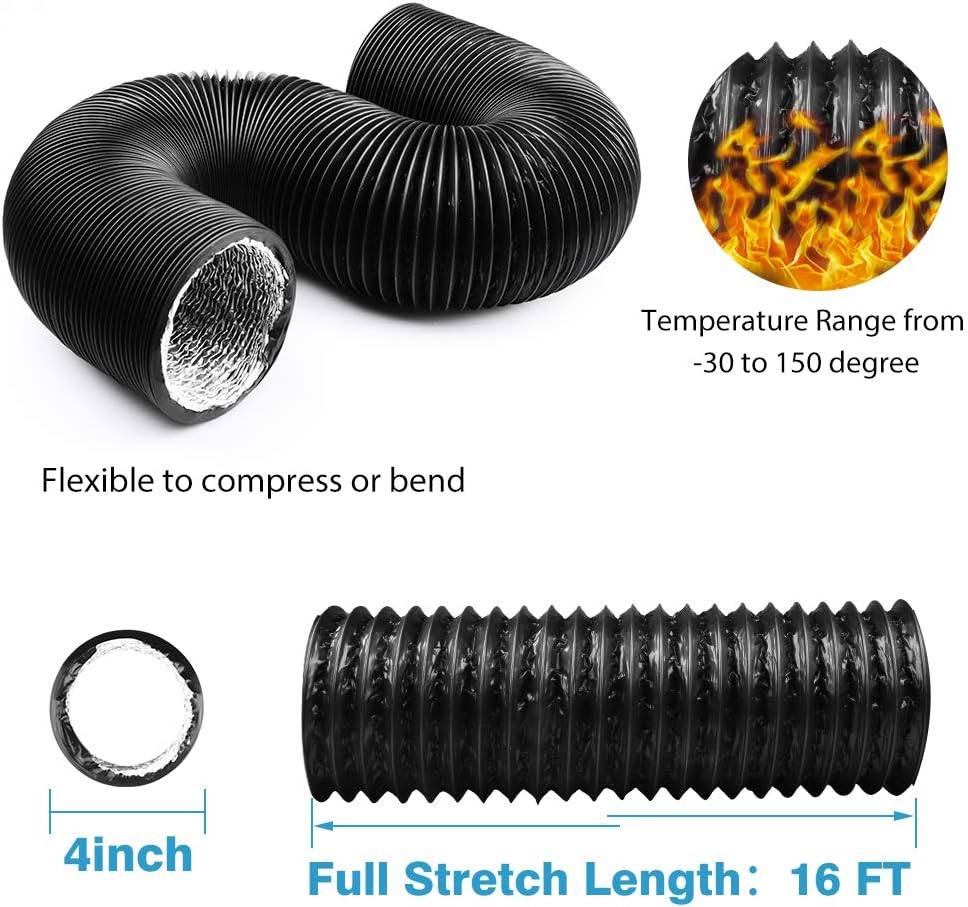 4 Inch 16FT Air Duct, Non-Insulated Flexible Aluminum Dryer Vent Hose for HVAC Ventilation?Fan Filter and Grow Tent, 2 Clamps Include ? ? ? ? ? - Image 2