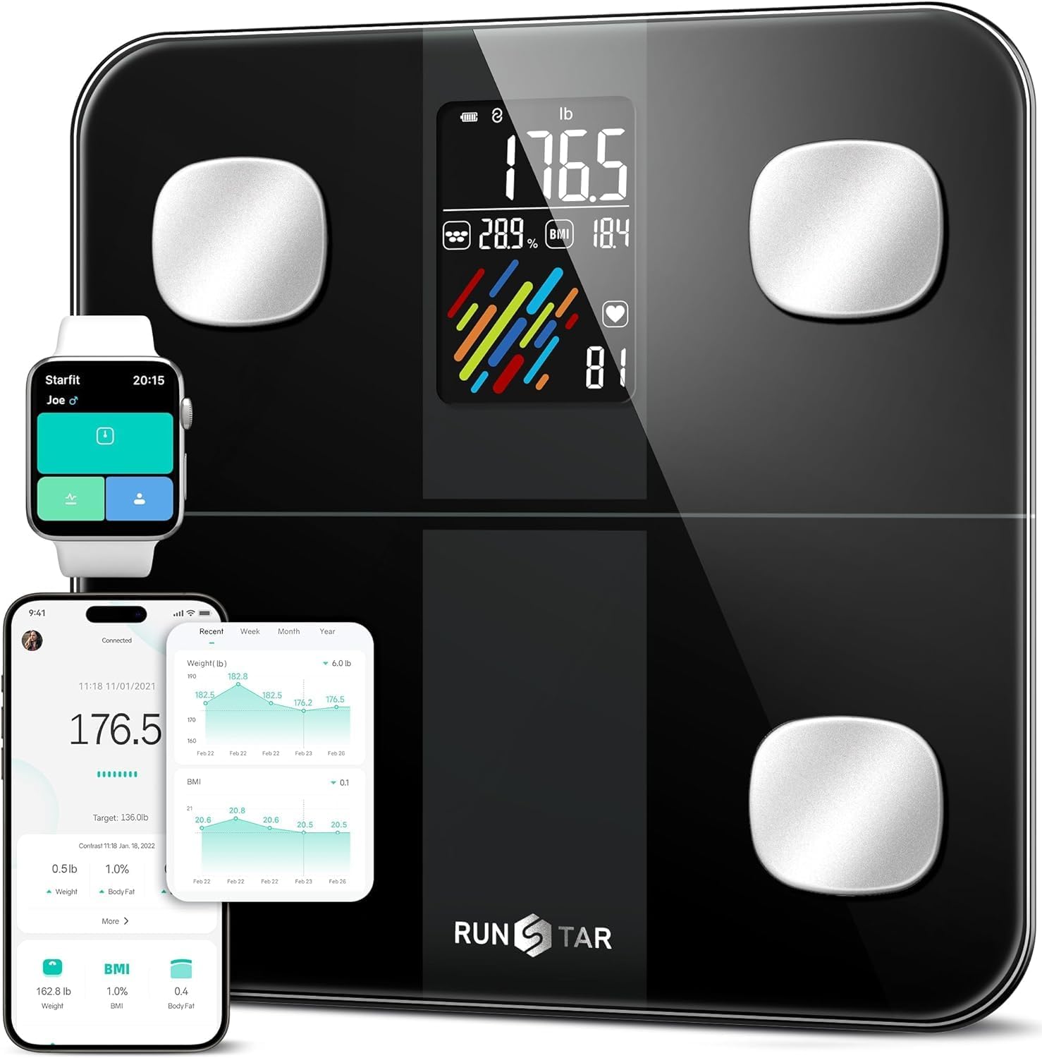 Runstar Smart Scale for Body Weight and Fat Percentage, High Accuracy Digital Bathroom Scale with Large Display for BMI Heart Rate 15 Body Composition Analyzer Sync with Fitness App 400lb ? ? ? ? ?