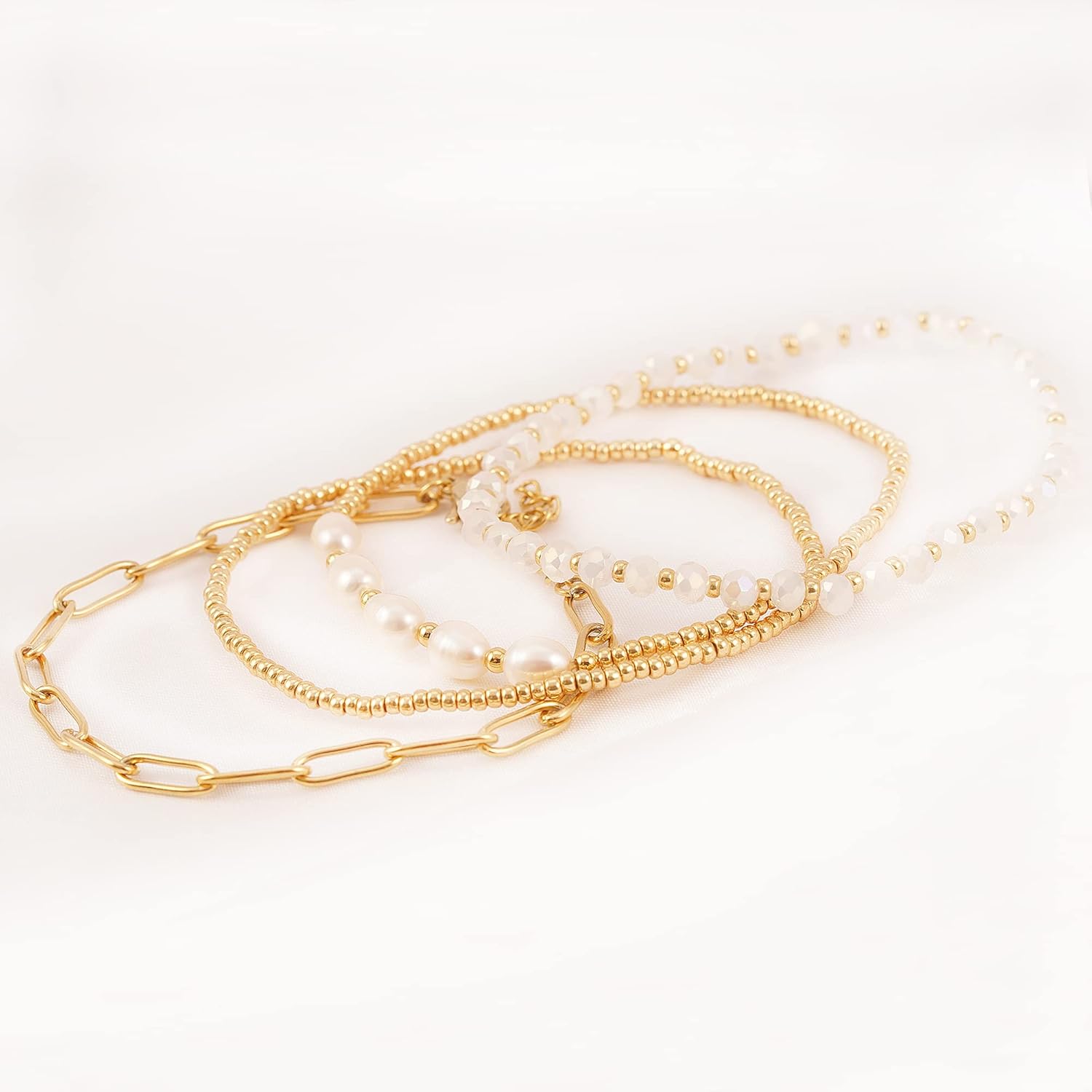 Dainty Gold Pearl Crystal Beaded Bracelets Set for Women 14K Real Gold Plated Bead Pearl Crystal Beads Bracelet Stackable Paperclip Link Chain Bracelets Gold Bracelets for Women Trendy Jewelry ? - Image 3