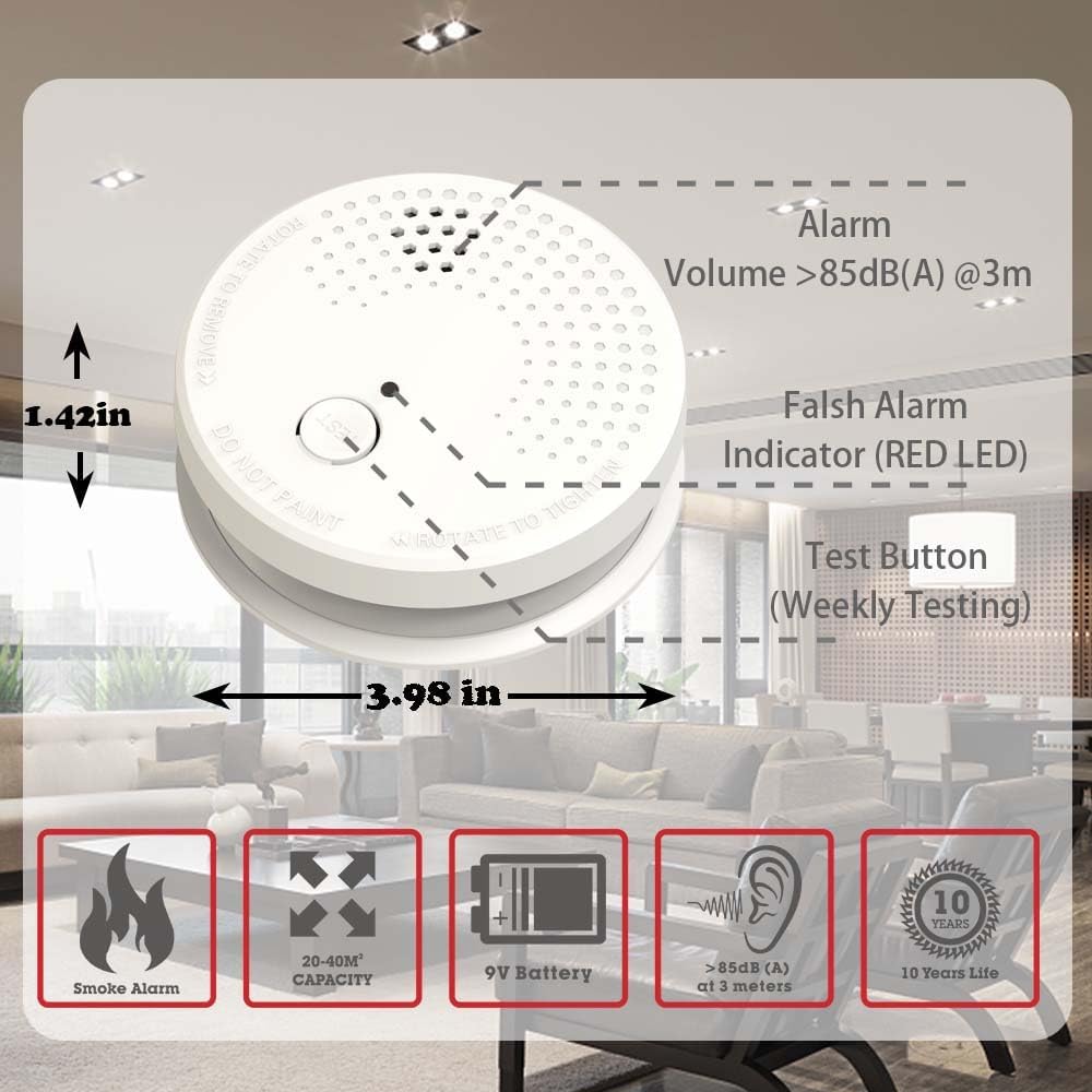 3 Pack Smoke Detector Fire Alarms 9V Battery Operated Photoelectric Sensor Easy to Install with Light Sound Warning, Test Button,9V Included Safety for Home Hotel(912-3) (GS528A) ? ? ? ? ? - Image 2
