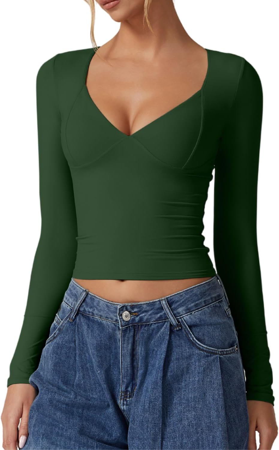 QINSEN Women's Long Sleeve V Neck T Shirts Double Lined Crop Top Seamed Cup Going Out Tops ? - Image 6