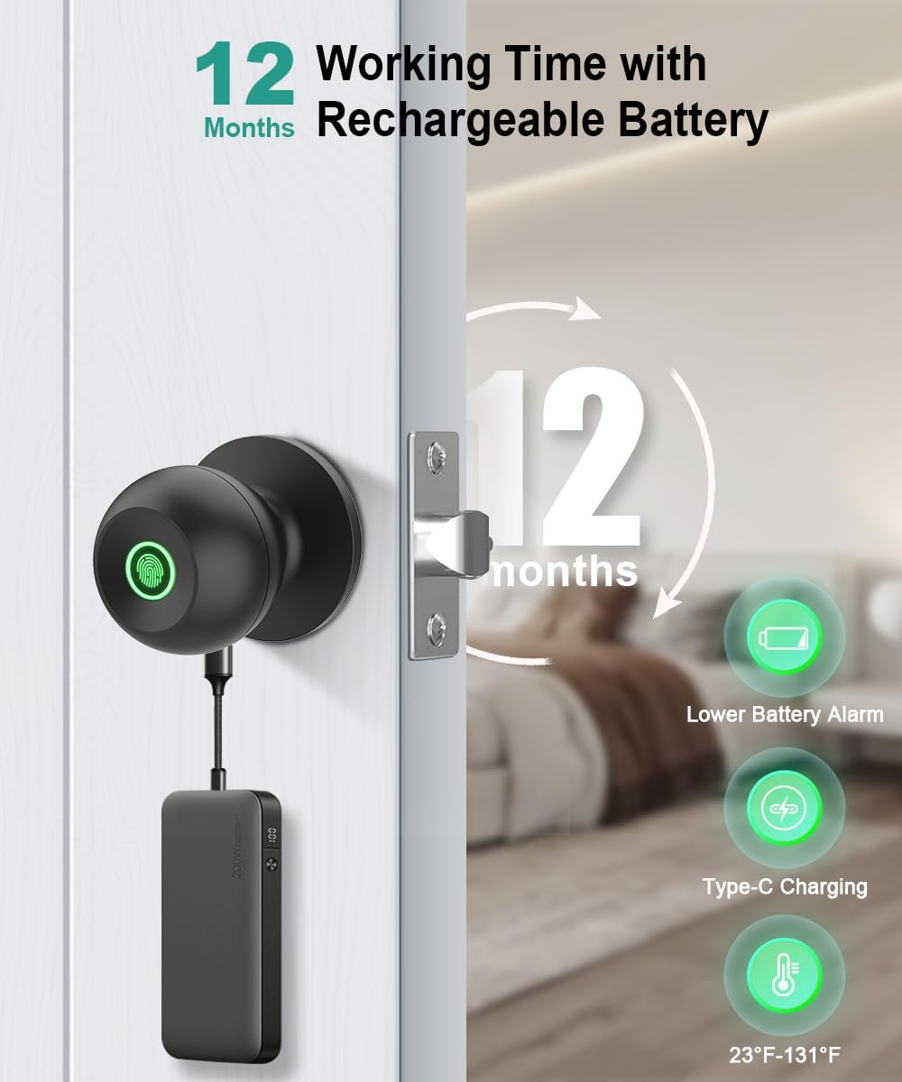 Fingerprint Door Lock, Smart Fingerprint Door Knob with Lock, Biometric Door Lock with App Control & Key, Keyless Thumbprint Entry Door Lock for Bedroom, Front Door, Home, Apartment Office and Garages - Image 4