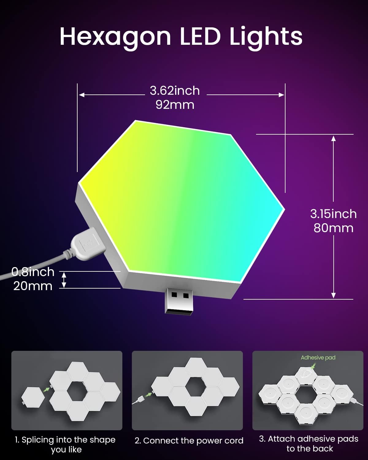 8 Pack Hexagon Led Lights Wall Panels: RGB Gaming Lights with APP Smart Modular Panel Hex Tiles Push Glide Expansion Shapes Lights ? ? ? ? ? - Image 5
