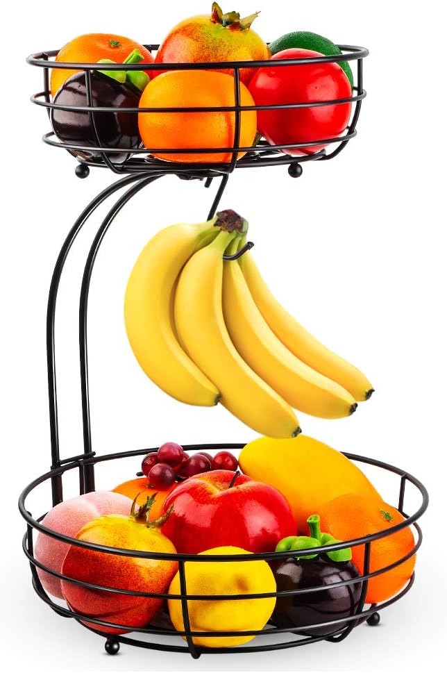 Auledio Iron 2-Tier Countertop Fruit Vegetables Basket Bowl Storage With Banana Hanger, Black, 64 ounces ? ? ? ? ?