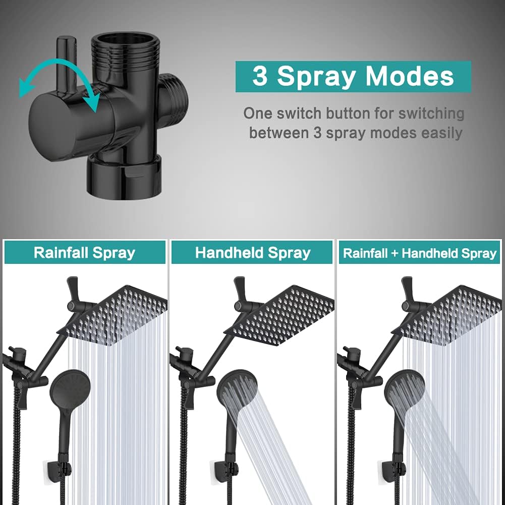 Shower Head, 8?? High Pressure Rainfall/Handheld Shower Combo with 11'' Extension Arm, 9 Settings, Anti-leak Shower Head with Holder, Height/Angle Adjustable, Chrome, Matte Black ? ? ? ? ? - Image 2