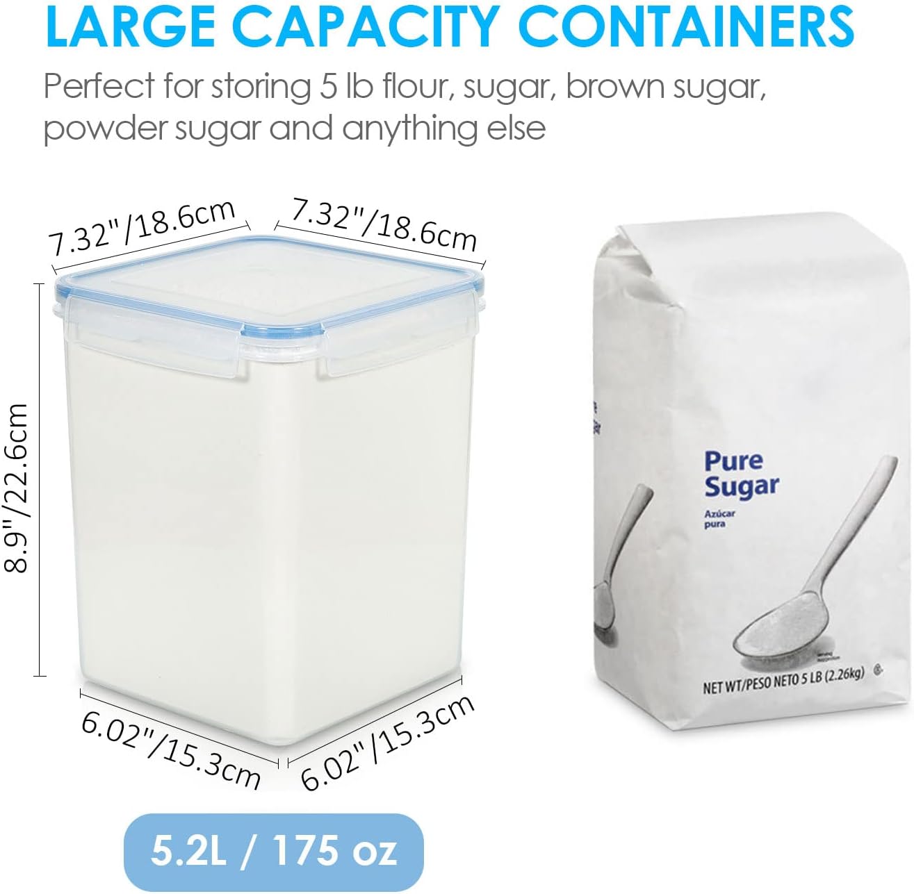 Vtopmart Large Food Storage Containers 5.2L / 175oz, 4 Pieces BPA Free Plastic Airtight Canisters for Flour, Sugar, Baking Supplies, Rice with Lids, 4 Measuring Cups and 24 Labels, Blue ? ? ? ? ? - Image 2