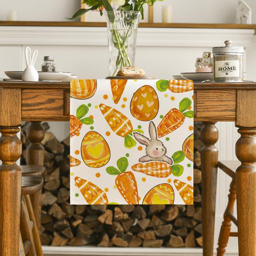 Artoid Mode Dots Bunny Carrots Eggs Easter Table Runner,Seasonal Spring Kitchen Dining Table Decoration for Home Party Decor 13x90 Inch - Image 2