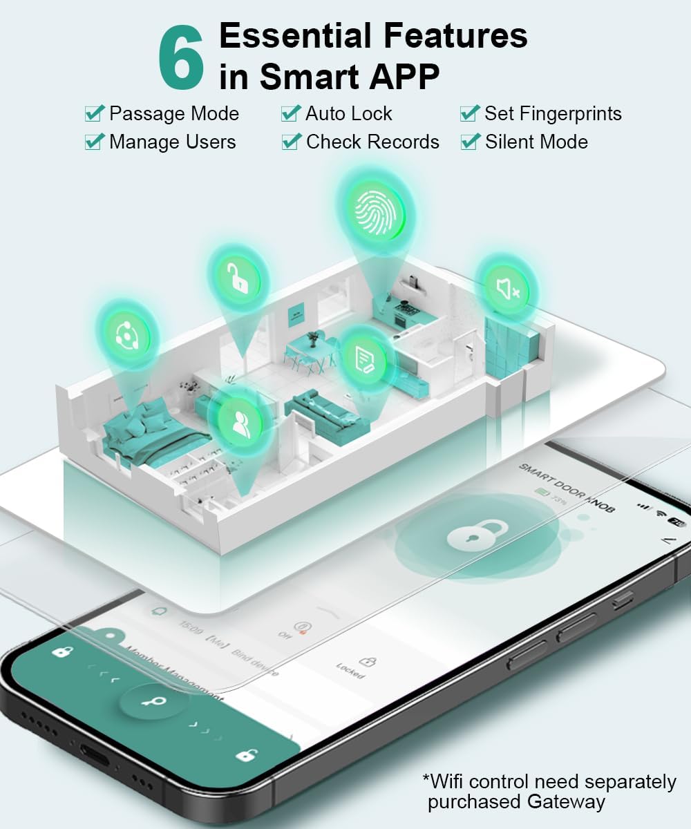 Fingerprint Door Lock, Smart Fingerprint Door Knob with Lock, Biometric Door Lock with App Control & Key, Keyless Thumbprint Entry Door Lock for Bedroom, Front Door, Home, Apartment Office and Garages - Image 3