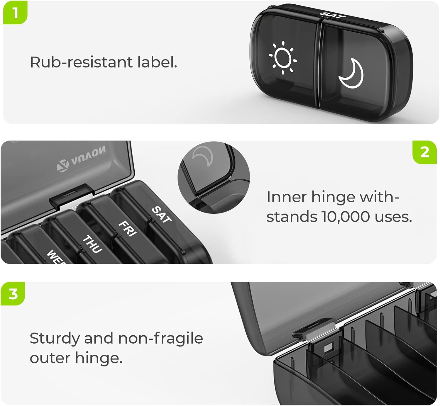 AUVON XL Weekly Pill Organizer 2 Times a Day, Pill Box 7 Day with One-Side Large Openings for Easy to Use, Black Privacy Protection AM PM Pill Case for Medication, Vitamins, Fish Oils, Supplements ? ? ? ? ? - Image 3