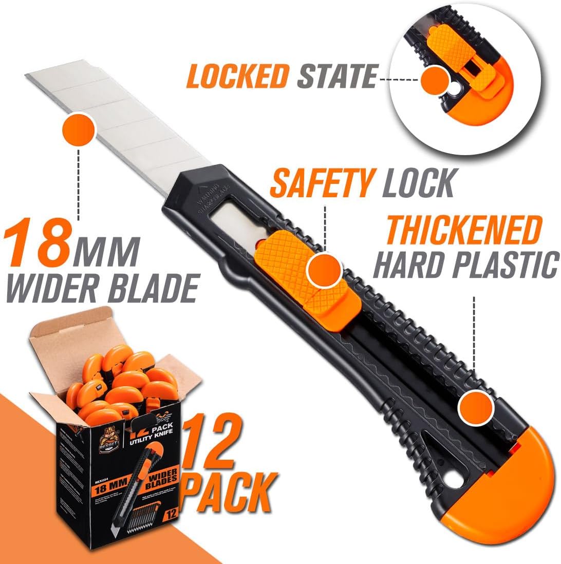 REXBETI 12-Pack Utility Knife, Retractable Box Cutter for Cartons, Cardboard and Boxes, 18mm Wider Razor Sharp Blade, Smooth Mechanism, Perfect for Office and Home use ? ? ? ? ? - Image 2