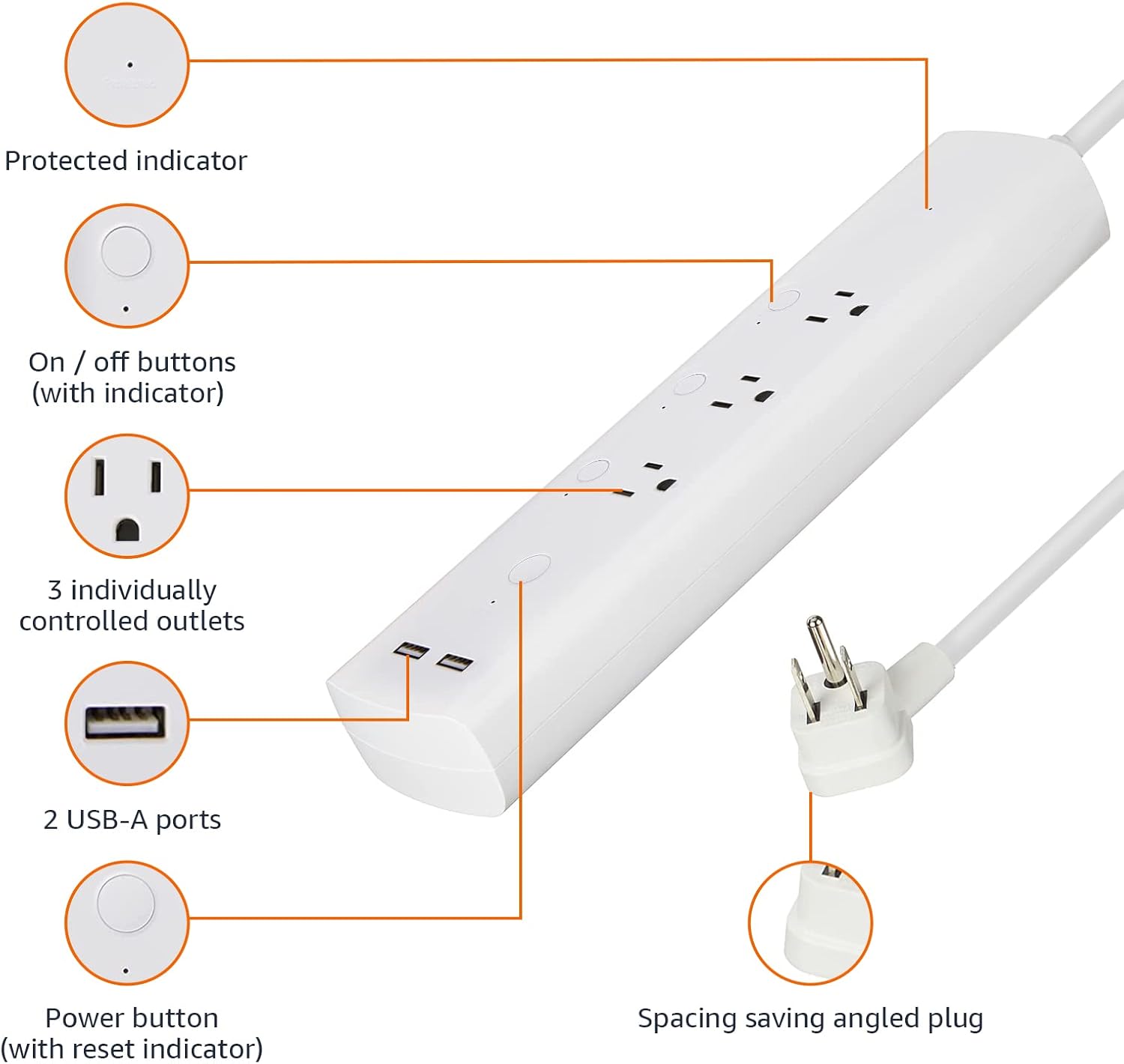 Amazon Basics Smart Plug Power Strip with 3 Individually Controlled Outlets and 2 USB-A Ports, Works with Alexa Only, 2.4 GHz Wi-Fi, No Hub Required, White ? ? ? ? ? - Image 3