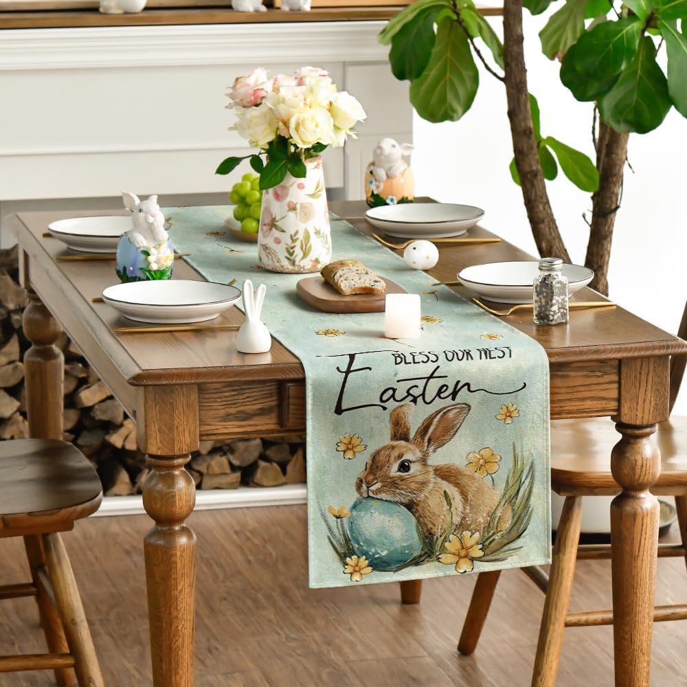 Artoid Mode Bunny Rabbit Egg Flowers Easter Table Runner, Seasonal Spring Kitchen Dining Table Decoration for Home Party Decor 13x72 Inch - Image 3
