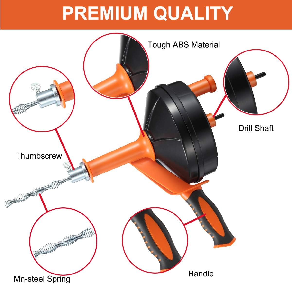 Drain Auger, Breezz Clog Remover with Drill Adapter, 25 Feet Flexible Plumbing Snake Use Manually or Powered for Kitchen,Bathrom and Shower Sink, Comes with Gloves(Orange) ? ? ? ? ? - Image 2