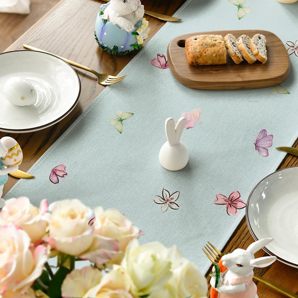Artoid Mode Blue Daisy Bunny Rabbit Happy Easter Table Runner, Seasonal Spring Kitchen Dining Table Decoration for Home Party Decor 13x72 Inch - Image 4