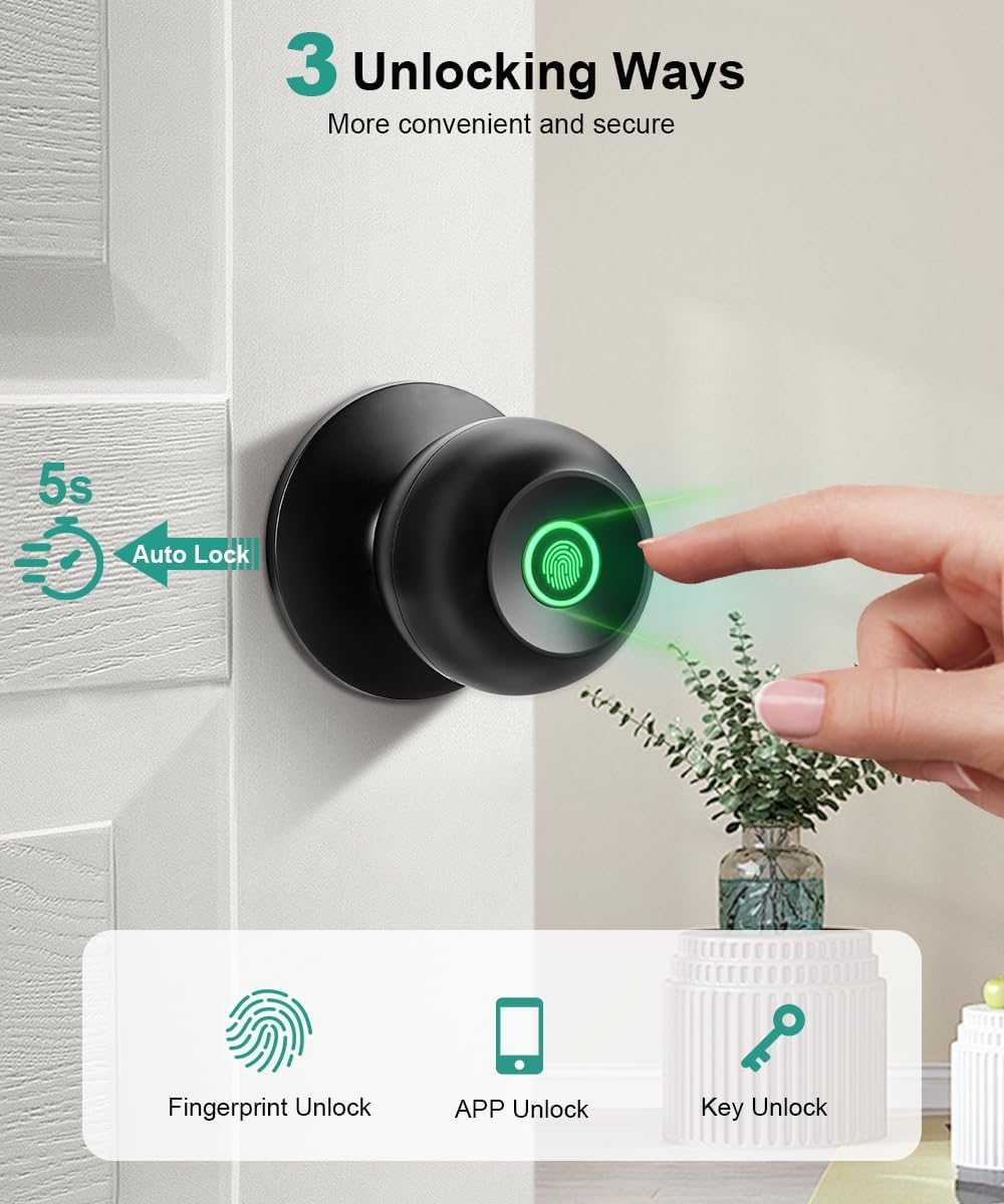 Fingerprint Door Lock, Smart Fingerprint Door Knob with Lock, Biometric Door Lock with App Control & Key, Keyless Thumbprint Entry Door Lock for Bedroom, Front Door, Home, Apartment Office and Garages - Image 2