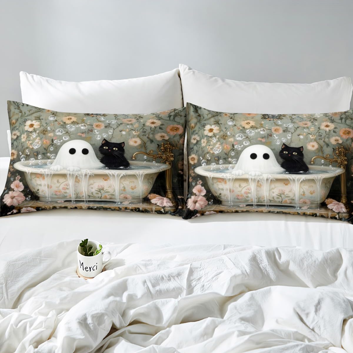 Kawaii Ghost Cat Bed Sheet Queen Size,European Vintage Floral Bathtub Bubble Sheets,Halloween Ghost Natural Flowers Deep Pocket Bedding Sets (1 Fitted,1 Flat,2 Pillowcases) ? ? ? ? ? - Image 5