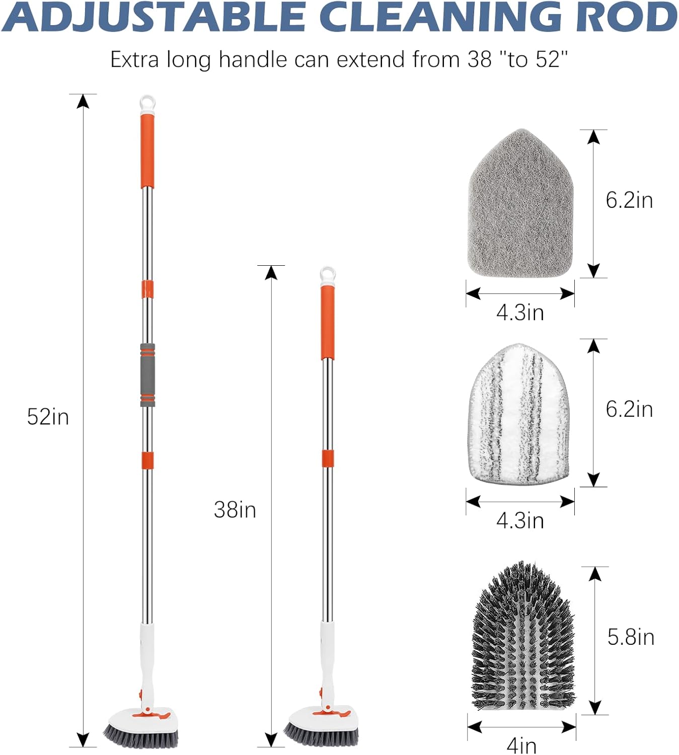 SetSail Floor Scrub Brush, 3-In-1 Tile Tub Floor Scrubber with 52-inch Adjustable Long Handle Shower Cleaner Brush and 3 Detachable Replacement Brush Heads for Cleaning Bathroom Kitchen Walls Tub Tile - Image 2