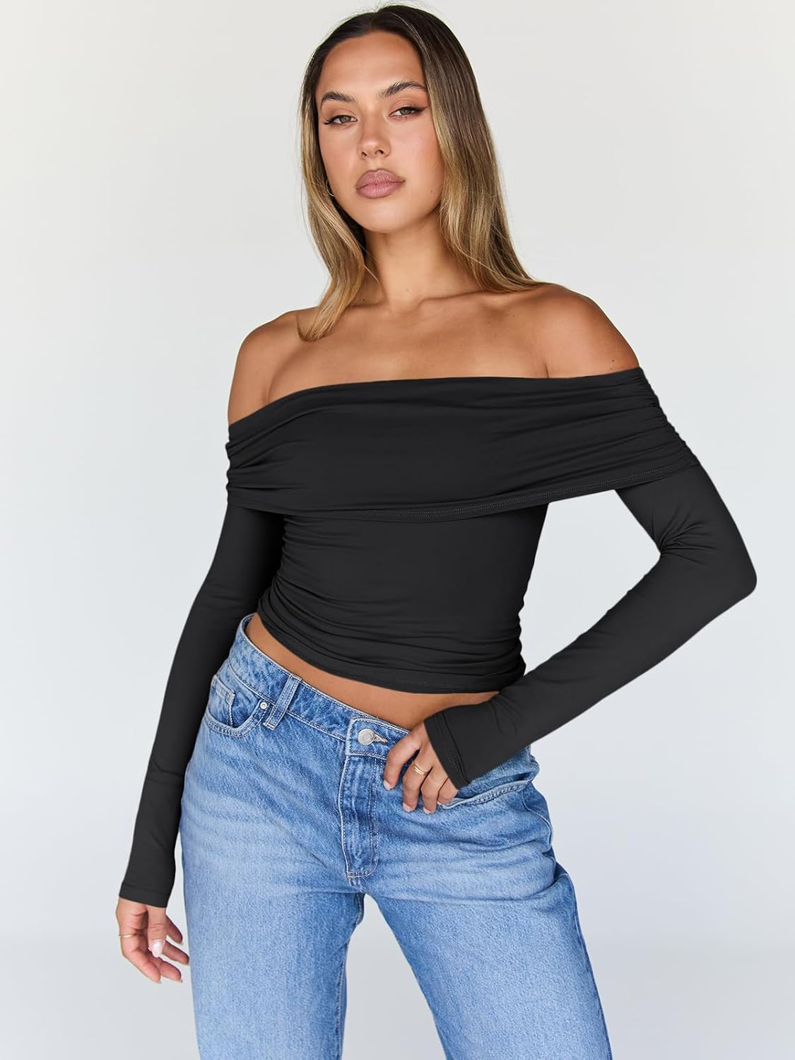 Trendy Queen Women Long Sleeve Shirts Off Shoulder Tops Going Out Crop Sexy Slim Fitted Y2K Fall Outfits 2025 Fashion Clothes ? - Image 2