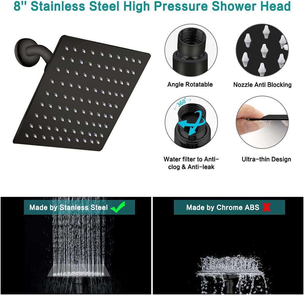 Shower Head, 8?? High Pressure Rainfall/Handheld Shower Combo with 11'' Extension Arm, 9 Settings, Anti-leak Shower Head with Holder, Height/Angle Adjustable, Chrome, Matte Black ? ? ? ? ? - Image 3