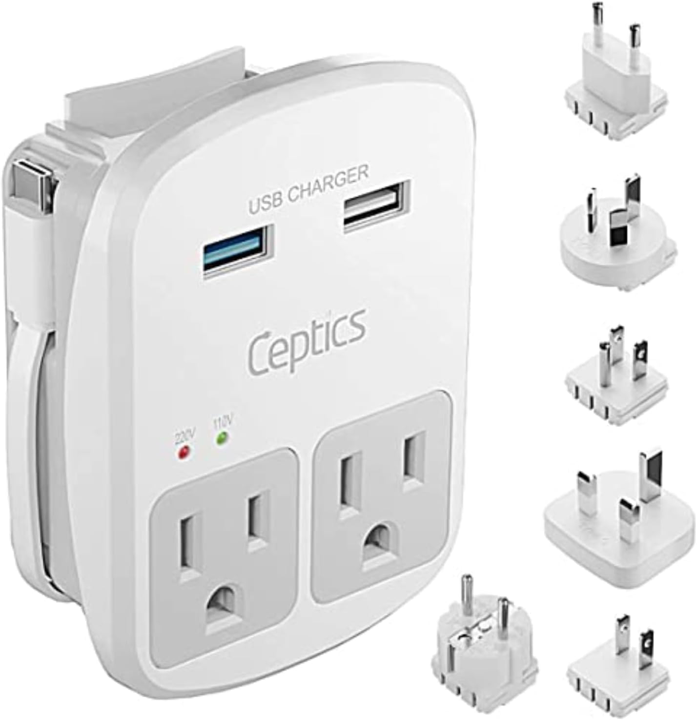 Ceptics Universal Travel Adapter Kit - 2 USB, USB-C Cord+2 US Outlets QC 3.0, Surge Protection, Plugs for Europe, UK, China, Australia, Japan - Perfect for Laptop, Cell Phones, Cameras,Safe ETL Tested ? ? ? ? ?