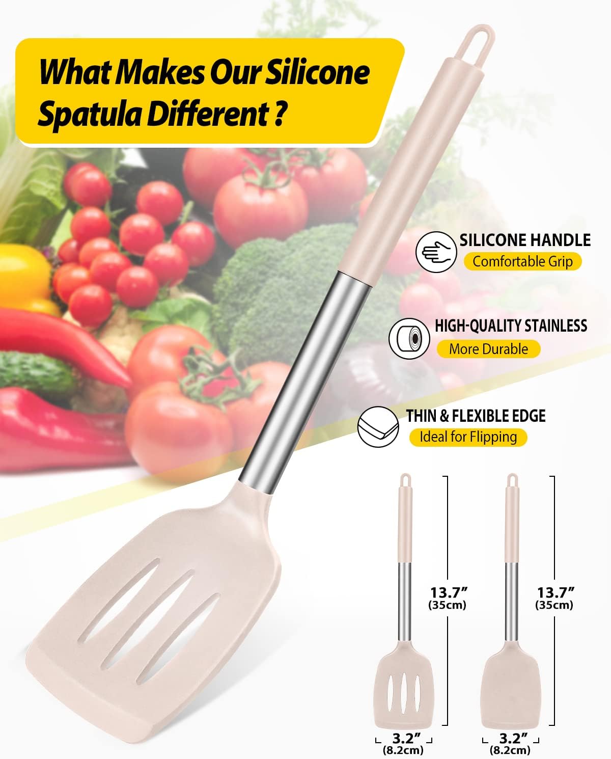 Pack of 2 Silicone Solid Turner, Non Stick Slotted Kitchen Spatulas, High Heat Resistant BPA Free Cooking Utensils, Ideal Cookware for Fish, Eggs, Pancakes(Stainless Steel Khaki) - Image 2