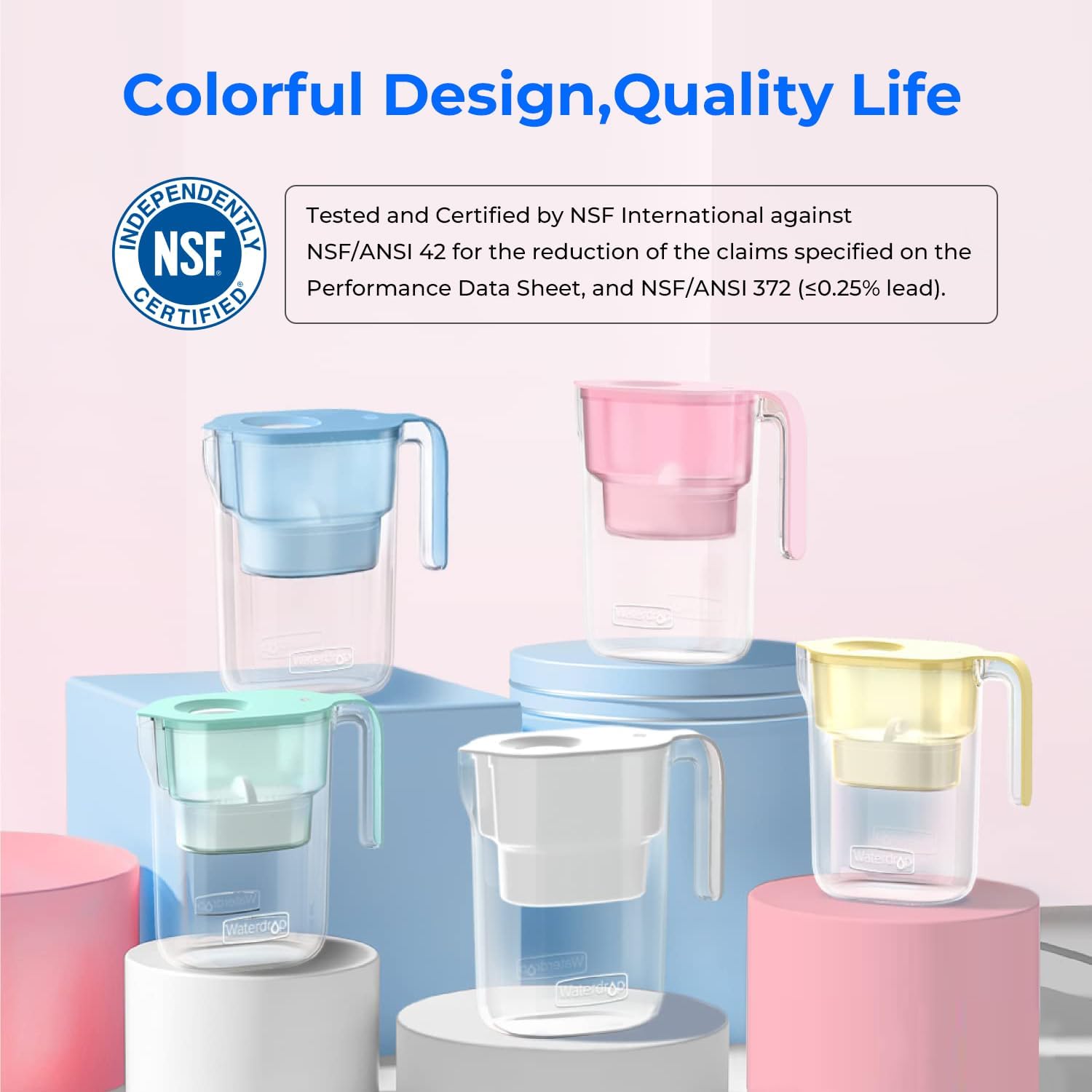 Waterdrop Water Filter Pitcher with 1 Filter, 5X Times Lifetime, Lasts 200 Gallons, for Fridge, Countertop and Gift, Reduces PFOA/PFOS, Chlorine, 7-Cup Capacity, Elfin, Pink - Image 4