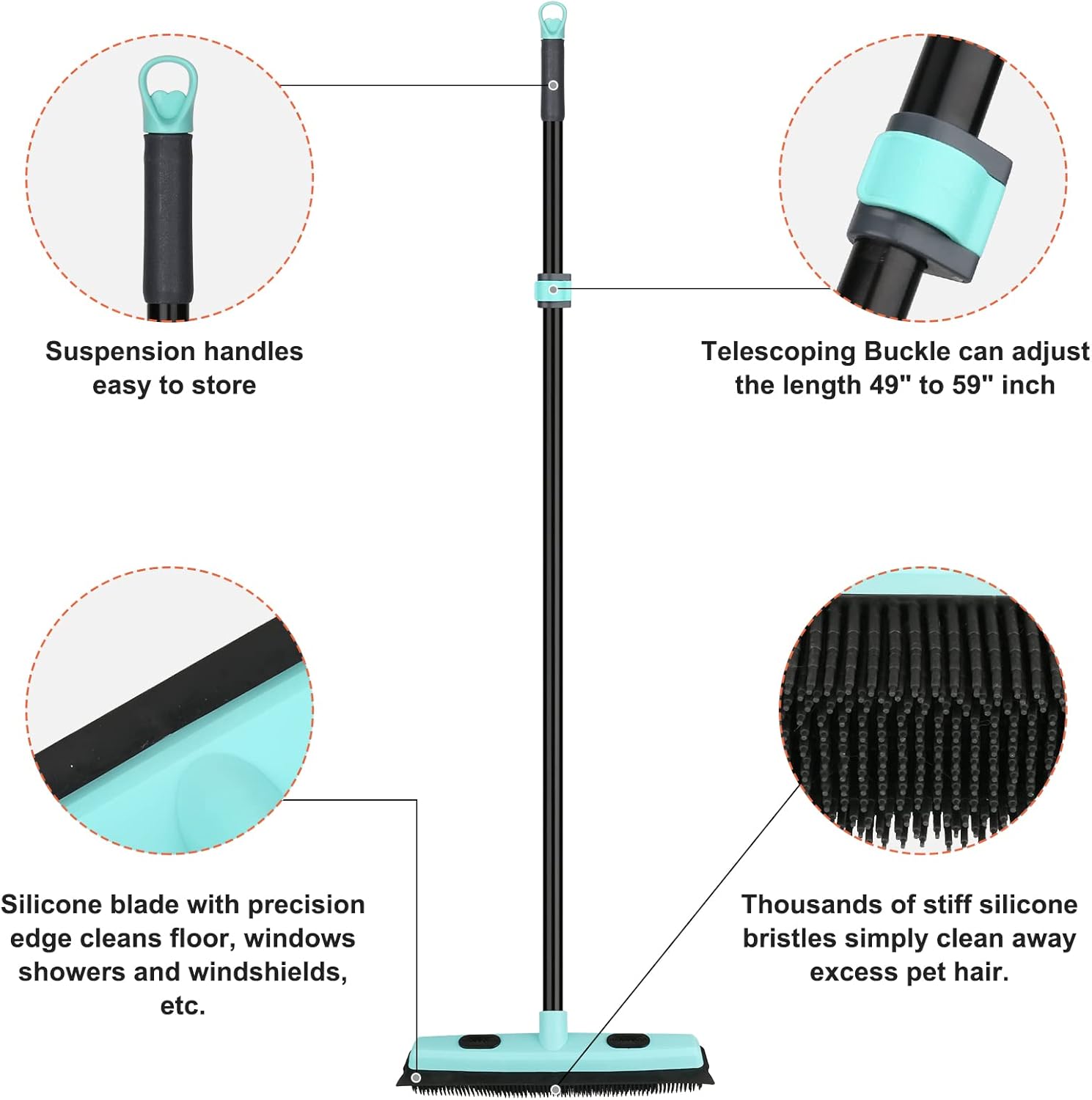 Rubber Broom Carpet Rake for Pet Hair Removal, Fur Remover Broom with 59 - Image 5