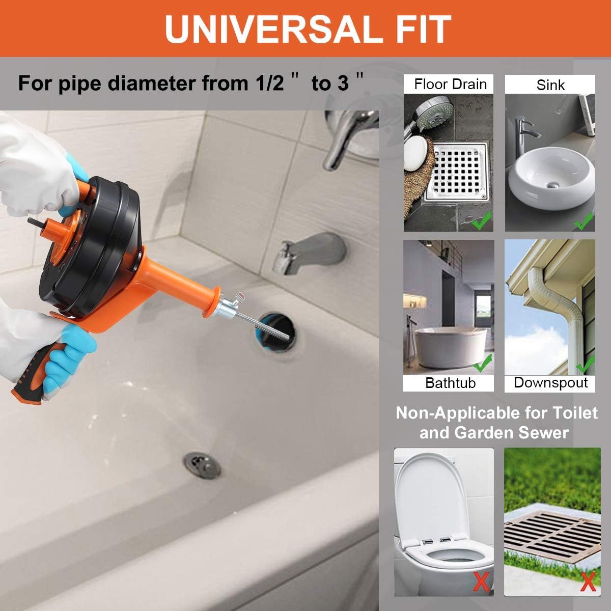 Drain Auger, Breezz Clog Remover with Drill Adapter, 25 Feet Flexible Plumbing Snake Use Manually or Powered for Kitchen,Bathrom and Shower Sink, Comes with Gloves(Orange) ? ? ? ? ? - Image 3